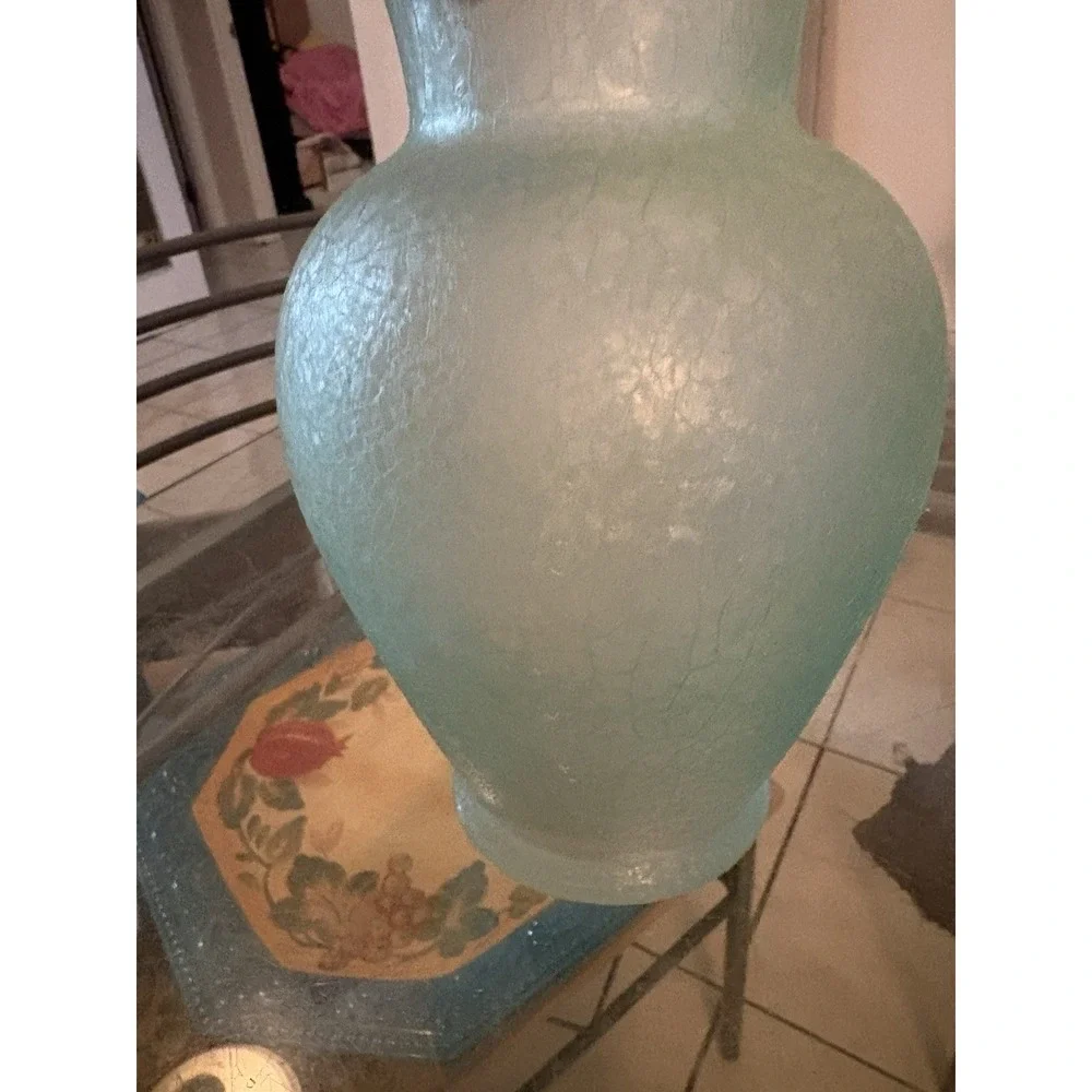VTG Hand Blown Crackle Glass Vase Light Aqua Teal Flared Rim 11.5